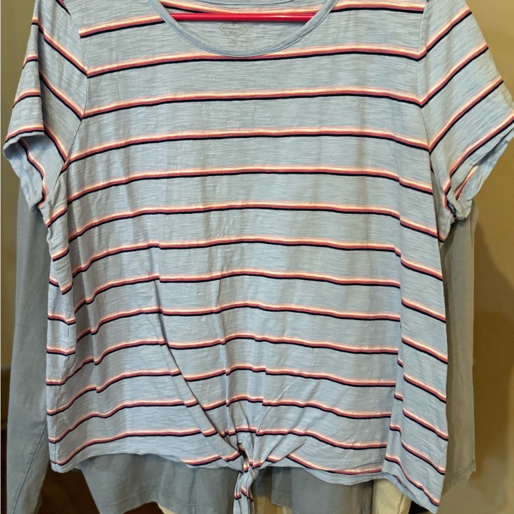St. John's Bay Blue and Red Striped Tie-Front Tee